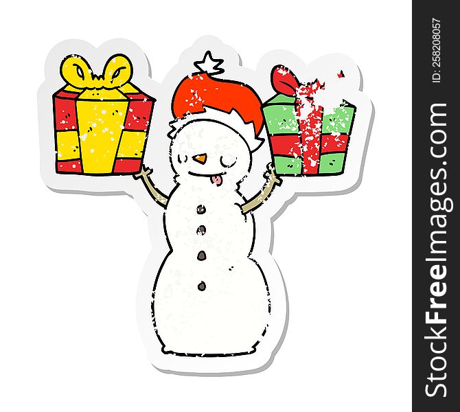 distressed sticker of a cartoon snowman with present