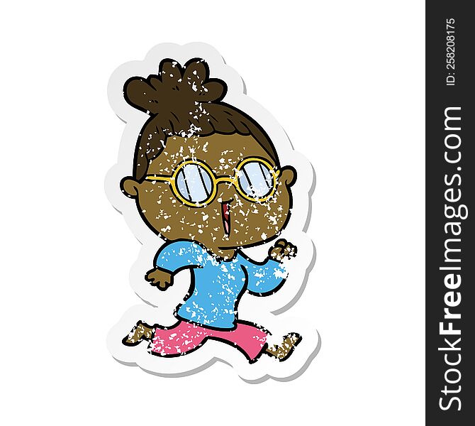 distressed sticker of a cartoon running woman wearing spectacles