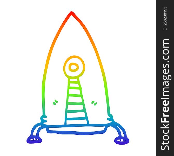 rainbow gradient line drawing of a cartoon space rocket