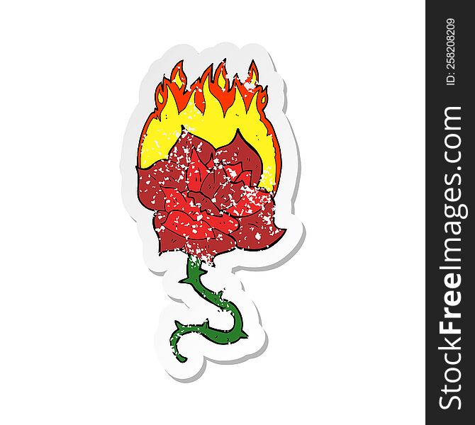 retro distressed sticker of a cartoon flaming rose tattoo