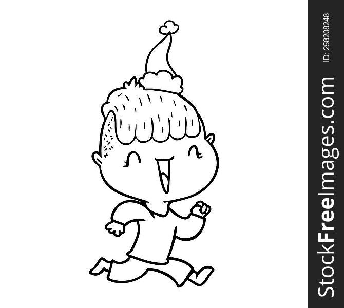 hand drawn line drawing of a happy boy surprised wearing santa hat