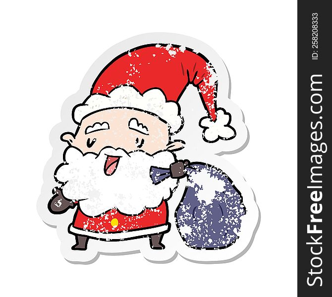 Distressed Sticker Of A Cartoon Santa Claus With Sack