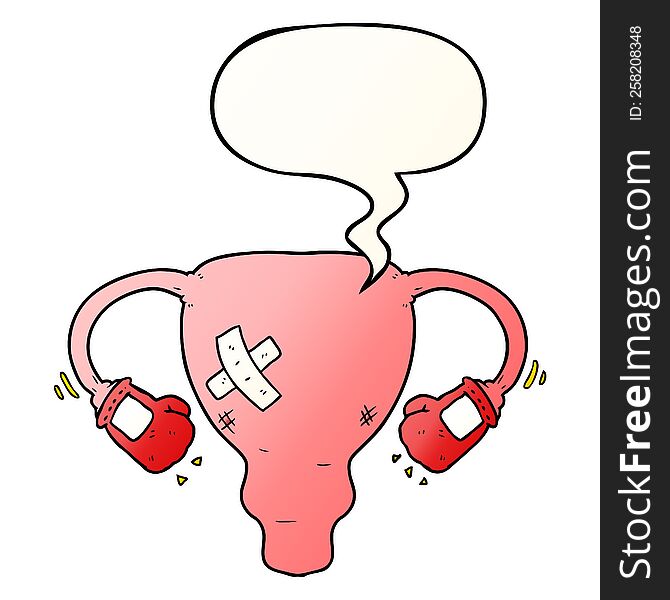 Cartoon Beat Up Uterus And Boxing Gloves And Speech Bubble In Smooth Gradient Style