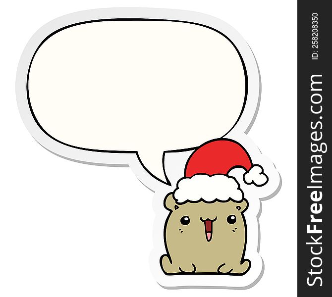 cute cartoon bear with christmas hat with speech bubble sticker. cute cartoon bear with christmas hat with speech bubble sticker