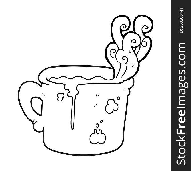 freehand drawn black and white cartoon old coffee cup
