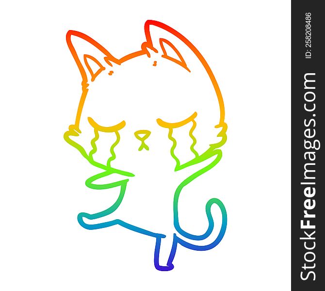 rainbow gradient line drawing of a crying cartoon cat performing a dance
