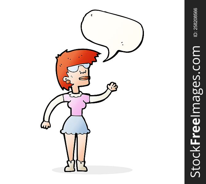 cartoon woman in spectacles waving with speech bubble