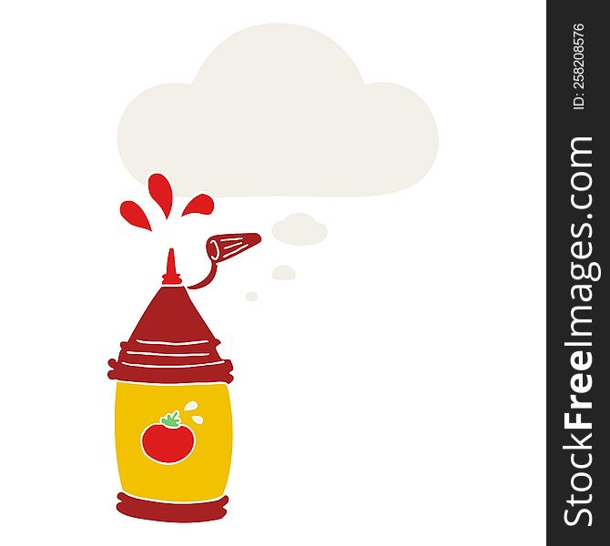 cartoon ketchup bottle with thought bubble in retro style