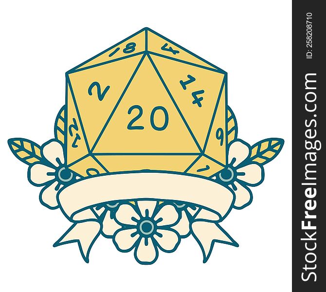 Retro Tattoo Style natural 20 critical hit D20 dice roll. Retro Tattoo Style natural 20 critical hit D20 dice roll