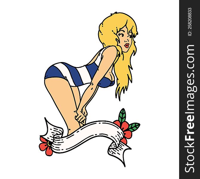 tattoo in traditional style of a pinup girl in swimming costume with banner. tattoo in traditional style of a pinup girl in swimming costume with banner