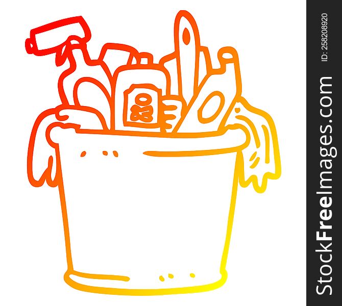 warm gradient line drawing of a cartoon house cleaning products