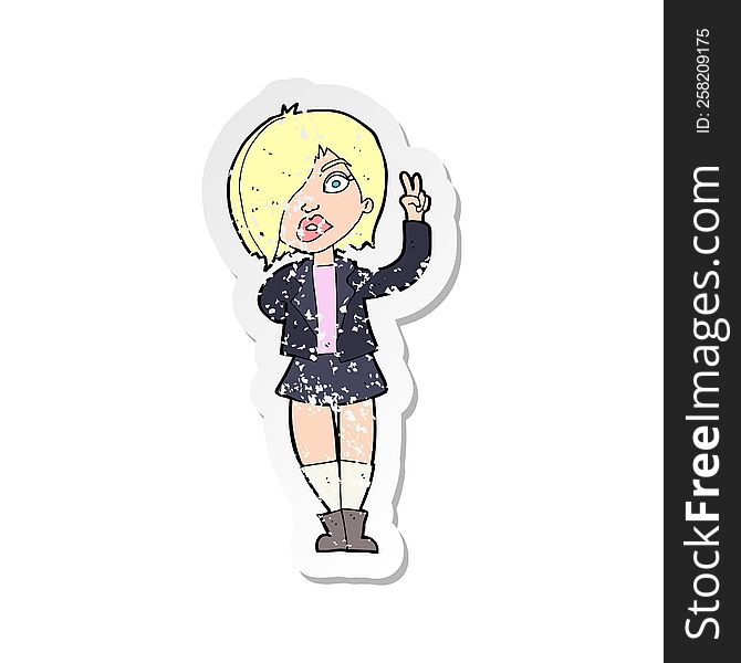 retro distressed sticker of a cartoon cool girl giving peace sign