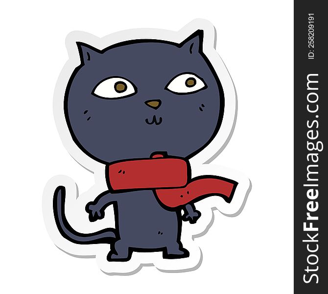 sticker of a cartoon black cat wearing scarf