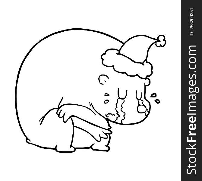 Crying Line Drawing Of A Polar Bear Wearing Santa Hat