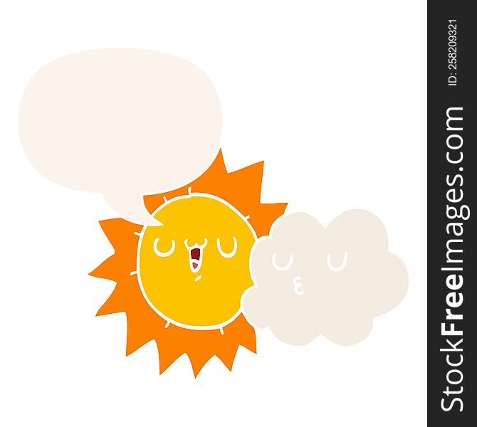Cartoon Sun And Cloud And Speech Bubble In Retro Style