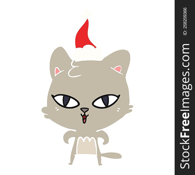 hand drawn flat color illustration of a cat wearing santa hat