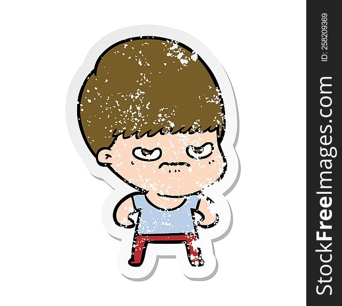 Distressed Sticker Of A Annoyed Cartoon Boy
