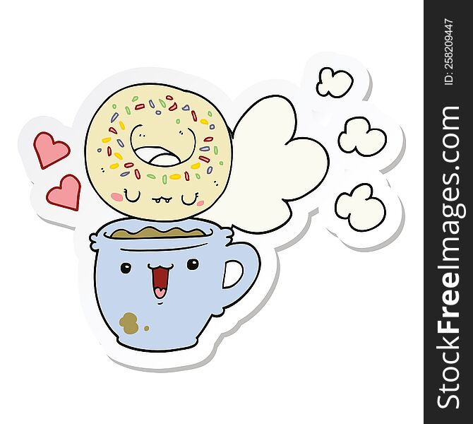 sticker of a cute cartoon donut and coffee