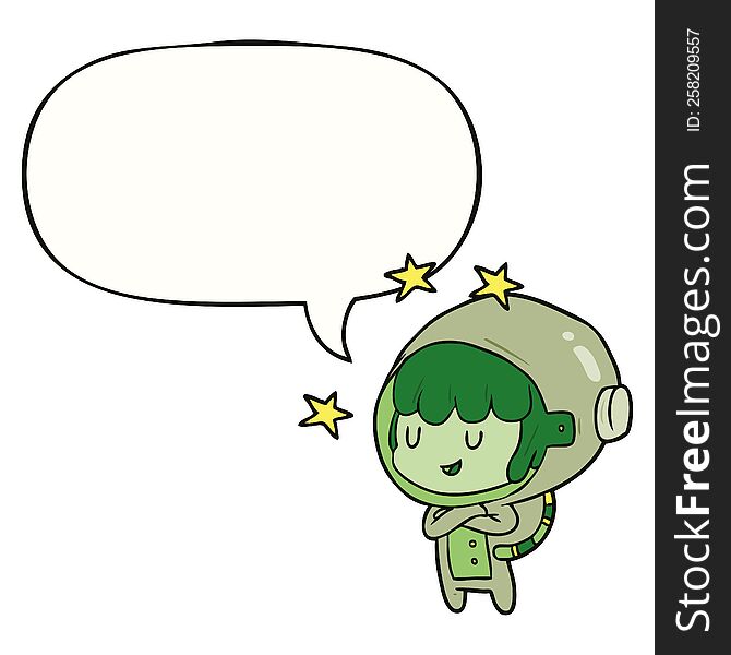 cartoon female future astronaut in space suit and speech bubble