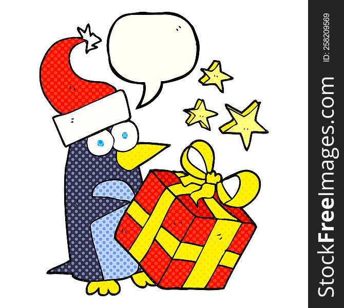 freehand drawn comic book speech bubble cartoon christmas penguin with present
