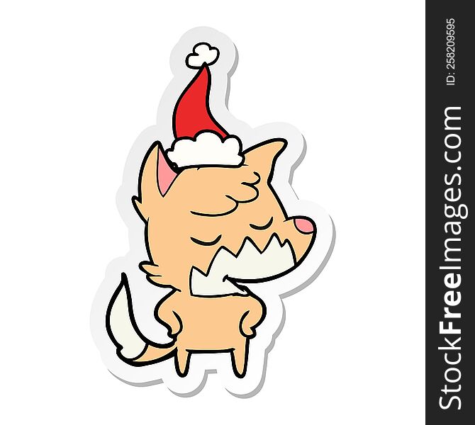 friendly hand drawn sticker cartoon of a fox wearing santa hat. friendly hand drawn sticker cartoon of a fox wearing santa hat