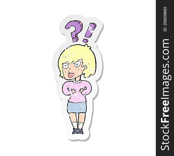 retro distressed sticker of a cartoon confused woman