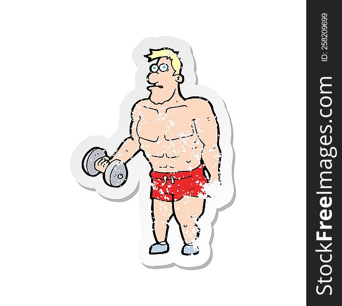 retro distressed sticker of a cartoon man lifting weights