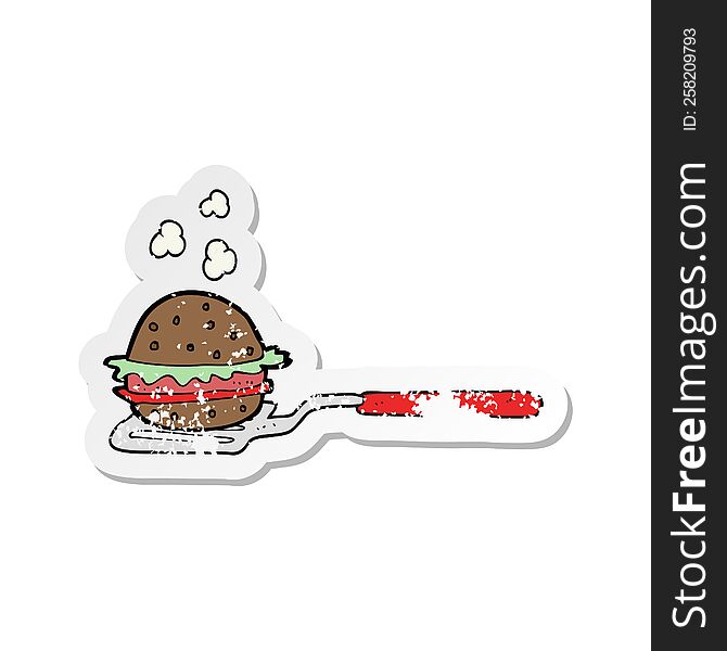 retro distressed sticker of a cartoon spatula with burger