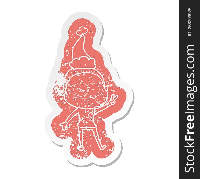 quirky cartoon distressed sticker of a happy old woman wearing santa hat