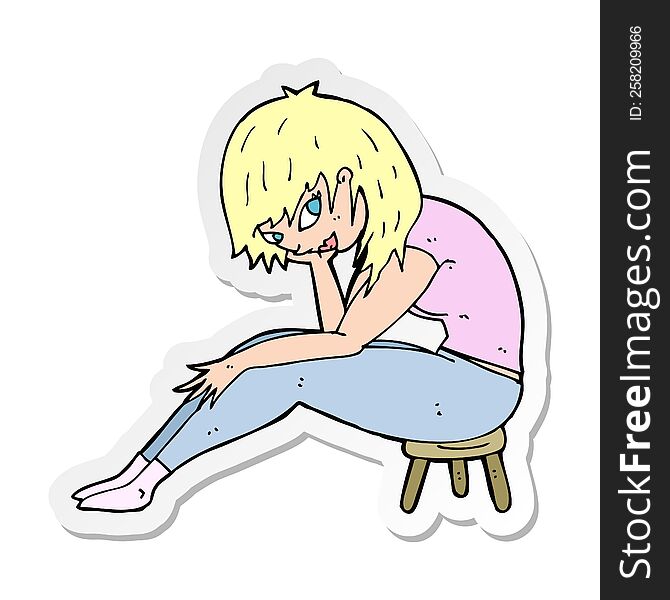 Sticker Of A Cartoon Woman Sitting On Small Stool