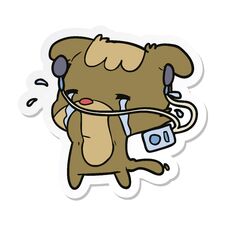 Sticker Of A Cartoon Sad Dog Listening To Music Royalty Free Stock Images