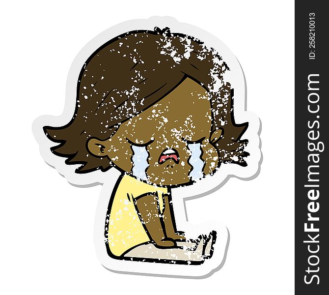 distressed sticker of a cartoon girl crying sat on floor