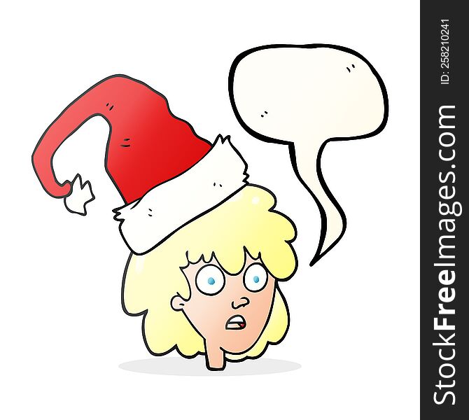 freehand drawn speech bubble cartoon woman wearning santa hat. freehand drawn speech bubble cartoon woman wearning santa hat