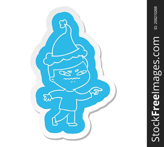 Cartoon  Sticker Of A Angry Man Pointing Wearing Santa Hat