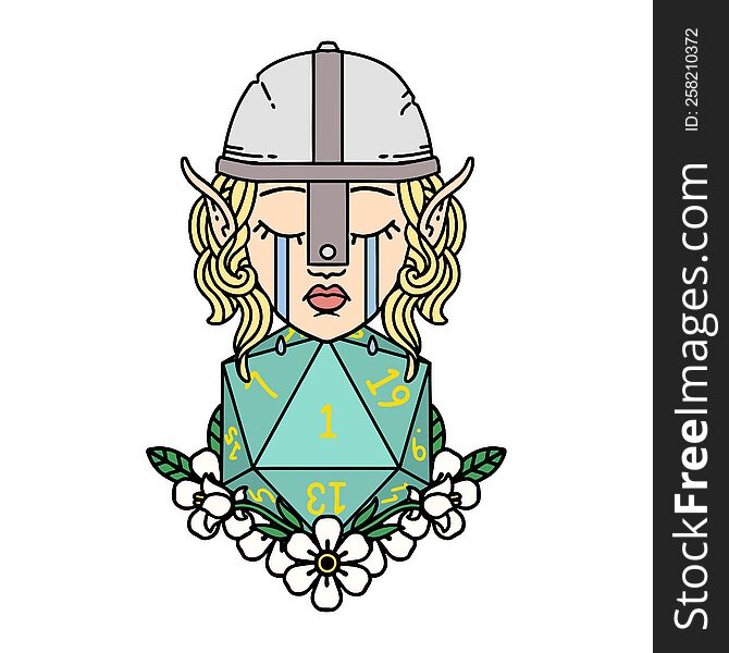 Sad Elf Fighter Character With Natural One D20 Roll Illustration