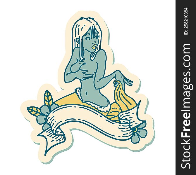 sticker of tattoo in traditional style of a pinup mermaid with banner. sticker of tattoo in traditional style of a pinup mermaid with banner