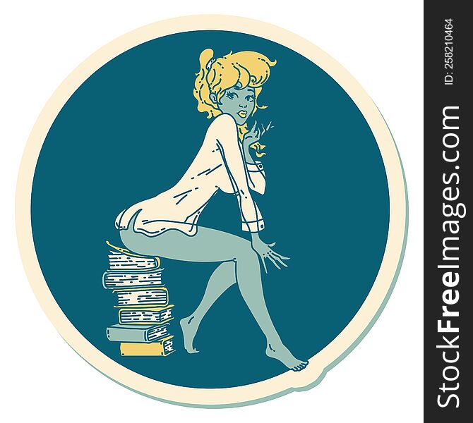 Tattoo Style Sticker Of A Pinup Girl Sitting On Books