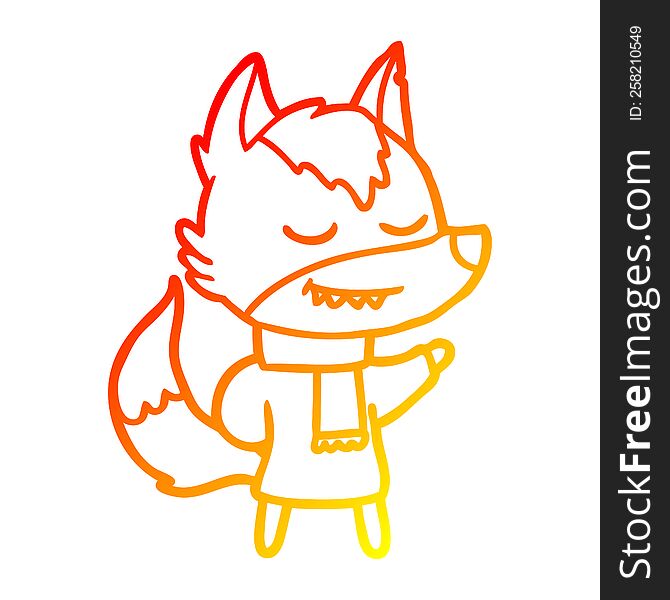 warm gradient line drawing of a friendly cartoon wolf wearing scarf