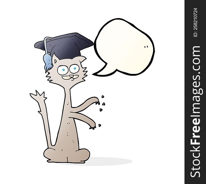freehand drawn speech bubble cartoon cat scratching with graduation cap. freehand drawn speech bubble cartoon cat scratching with graduation cap