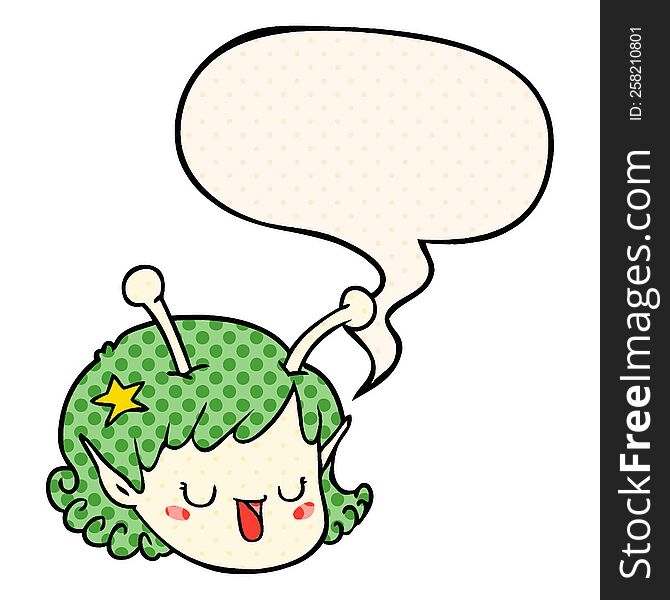 cartoon alien space girl face with speech bubble in comic book style