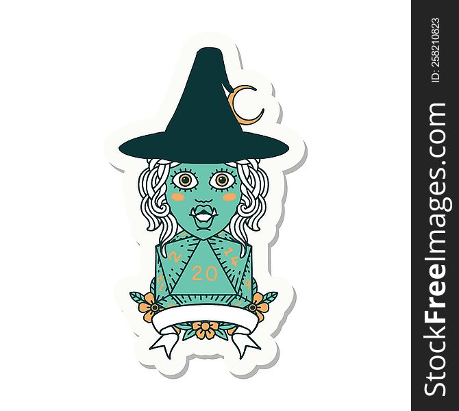 sticker of a half orc witch character with natural 20 dice roll. sticker of a half orc witch character with natural 20 dice roll