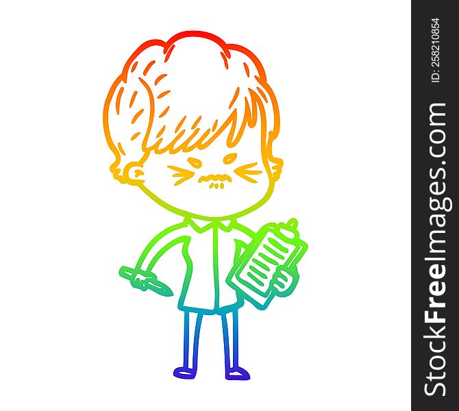 rainbow gradient line drawing cartoon frustrated woman