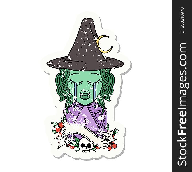 grunge sticker of a crying half orc witch character face with natural one d20 dice roll. grunge sticker of a crying half orc witch character face with natural one d20 dice roll