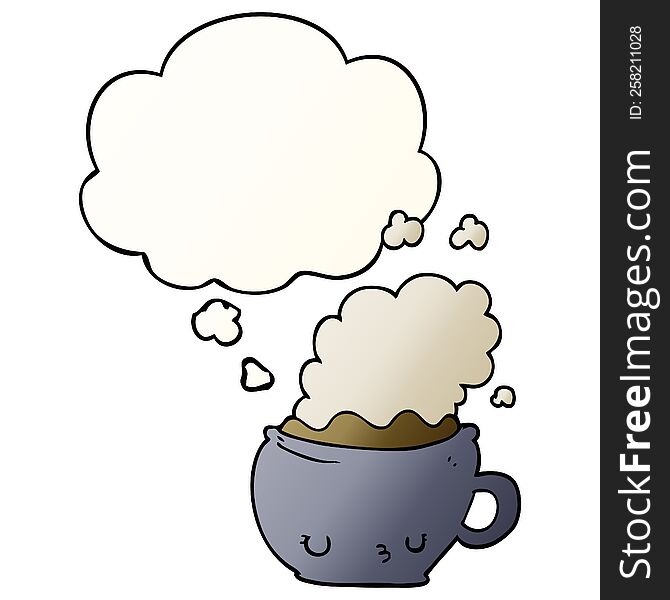 cute cartoon coffee cup with thought bubble in smooth gradient style