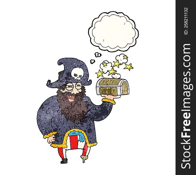 thought bubble textured cartoon pirate captain with treasure chest