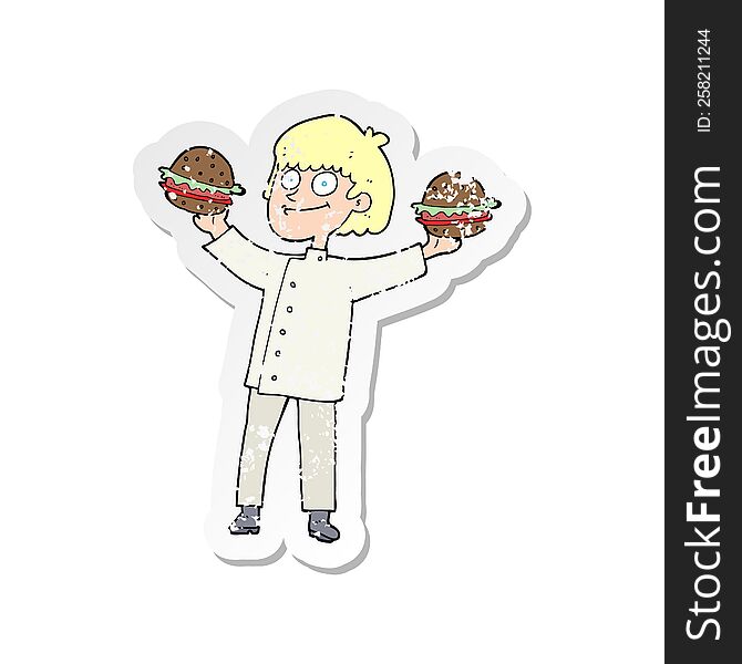 retro distressed sticker of a cartoon chef with burgers