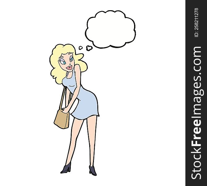 cartoon woman looking in handbag with thought bubble