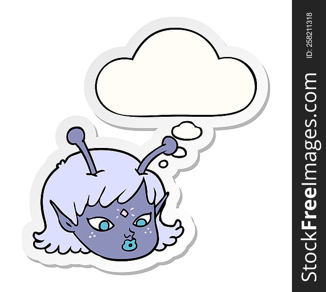 cartoon alien space girl face and thought bubble as a printed sticker