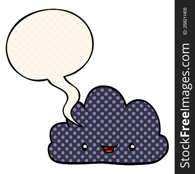cartoon tiny happy cloud with speech bubble in comic book style