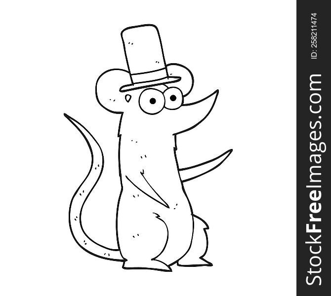 freehand drawn black and white cartoon mouse wearing top hat